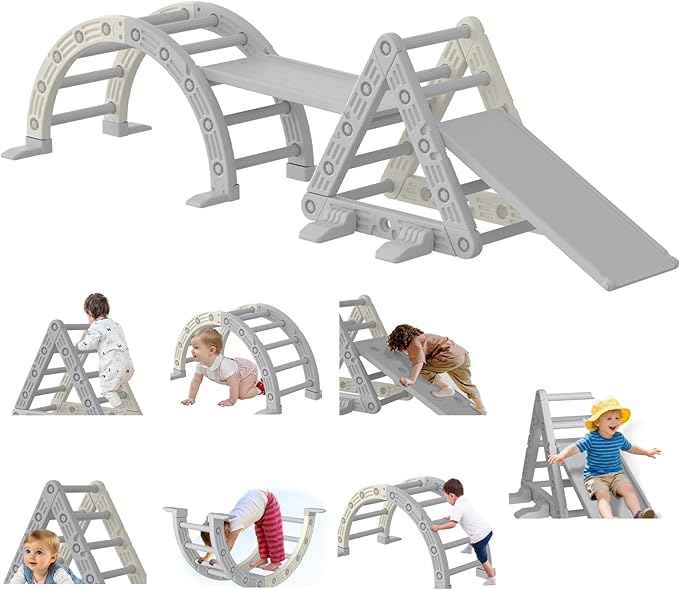 Garvee 9-in-1 Triangle Set, HDPE PP Plastic Climbing Set, Durable 1-8 Toddler Climbing Toys Indoor with Arch, Ramp, Ladder & Slide, Indoor Playground Jungle Gym Playset, White