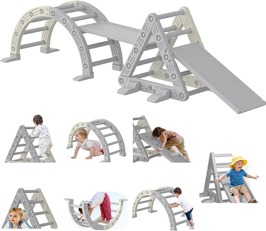 Garvee 9-in-1 Triangle Set, HDPE PP Plastic Climbing Set, Durable 1-8 Toddler Climbing Toys Indoor with Arch, Ramp, Ladder & Slide, Indoor Playground Jungle Gym Playset, White
