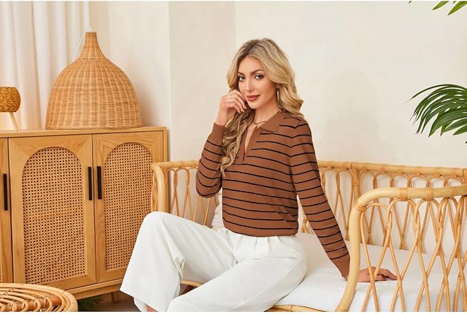 Women's Long Sleeve Classic V Neck Casual Fall Winter Polo Sweater Tops | Basic Collared Knitted Fashion Work Business Formal Daily Wear Versatile Pullover Shirts