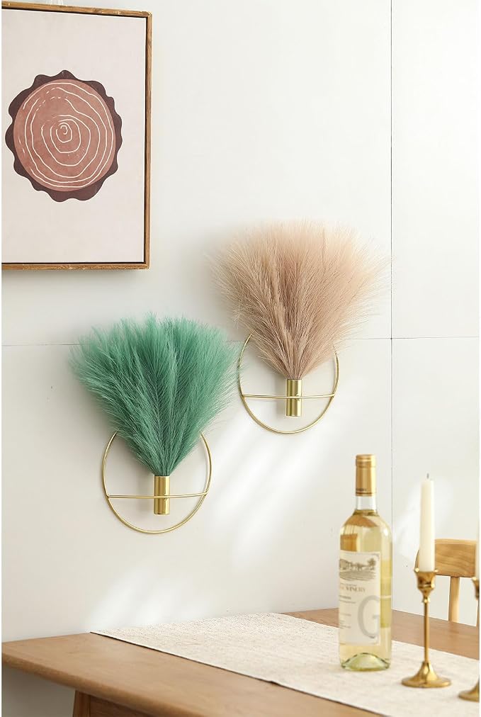 Pretty Jolly Boho Pampas Wall Decor Gold Metal Wall-Mounted Art | Morden Artificial Greenery Display，2 Pack Hanging Planter For Living Room, Bedroom, Bathroom, Dining room