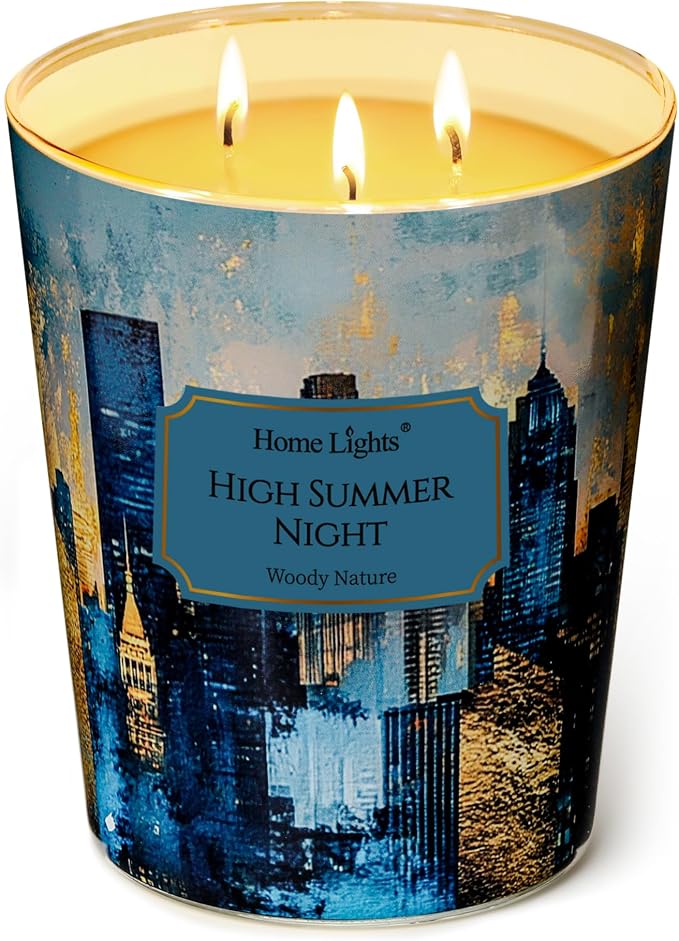 HomeLights High Summer Night Scented Candles | 18oz Soy Candles Industrial Chic 4-Wick Large Candle Jars | Ideal Candle Gifts for Events, Home Decor Stress, Relief & Relaxation