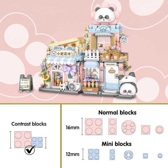 Cute Panda Mini Building Blocks Set, 810PCS MOC Mini Architecture Building Kits with Flower Shop Street View Design - STEM Educational Construction Gift for Girls Boys Kids Adults