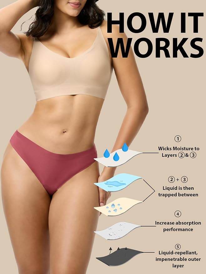 Seamless Thong Period Underwear for Women Teens Light Flow Moisture Wicking Side Leak Prevention Panties 3 Pack