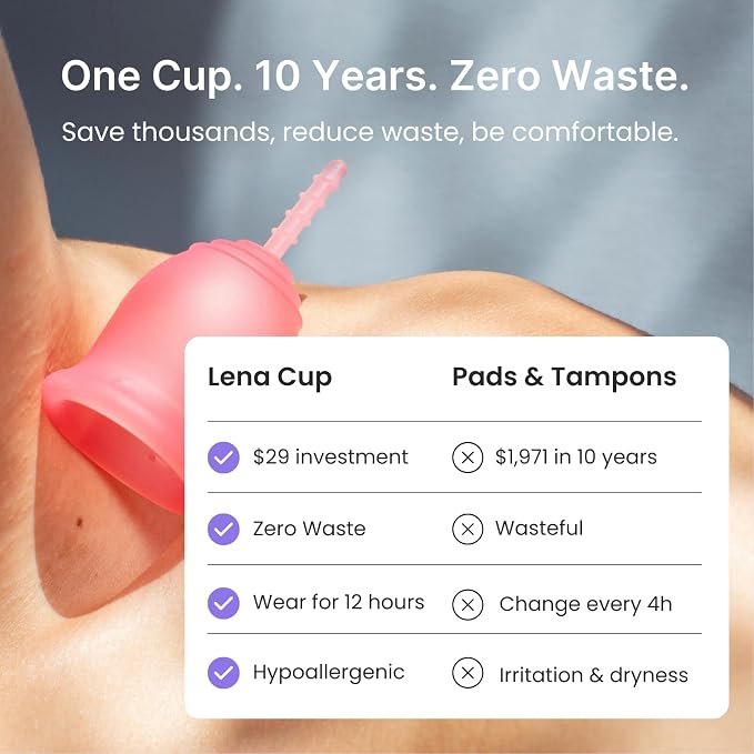 Lena Menstrual Cup Original - Soft Reusable Medical-Grade Silicone Period Cups for Women Heavy Flow, Comfortable 12-Hour Leak-Free Protection, Beginner-Friendly Feminine Care - Large, Purple