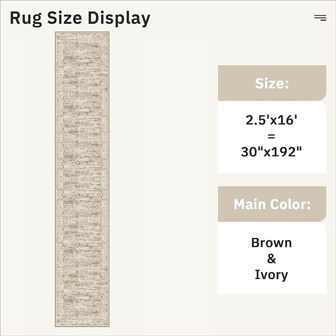 Soalmost Hallway Runner Rug 2'6" x 16' Washable Long Kitchen Rugs Brown | Non-Slip Vintage Runners 2.5x16ft for Bathroom Entryway, Thin Low-Pile Foldable Floor Carpet Mat 16 ft for Corridor Bedroom