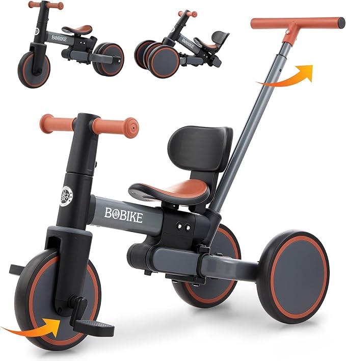 Bobike 5-in-1 Tricycle for Toddlers 18 Months to 5 Years Old, Toddler Bike, Kids Tricycle with Push Handle and Backrest, Toddler Balance Bike with Easy Assembly for Boys and Girls. (Grey)