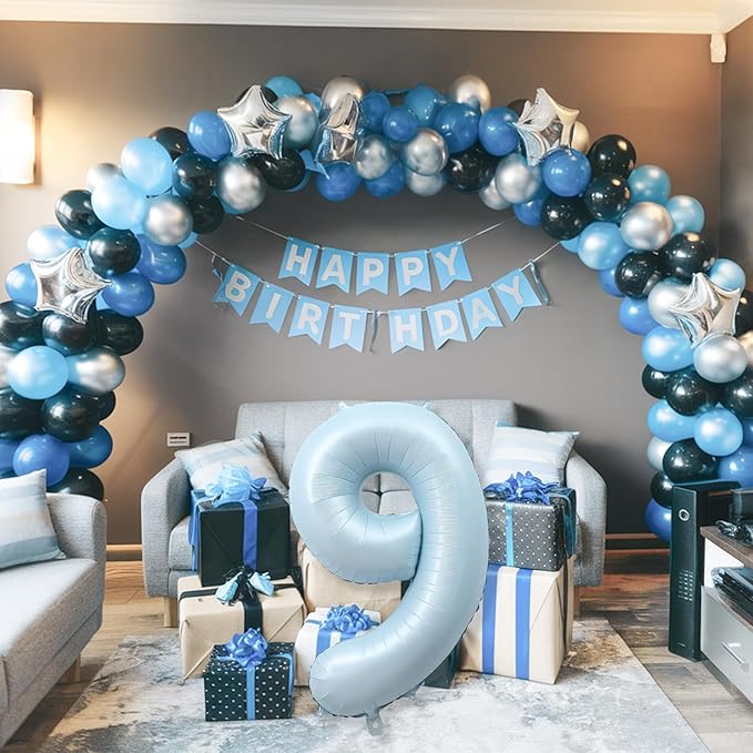 Big Number 9 Balloons, Light Sky Blue Foil 9 Balloon Numbers 40 Inch, Giant 9th Birthday Party Decor, Pastel Baby Matte Blue Mylar Helium Self Inflating Balloon for Boy Birthday Anniversary Decoration