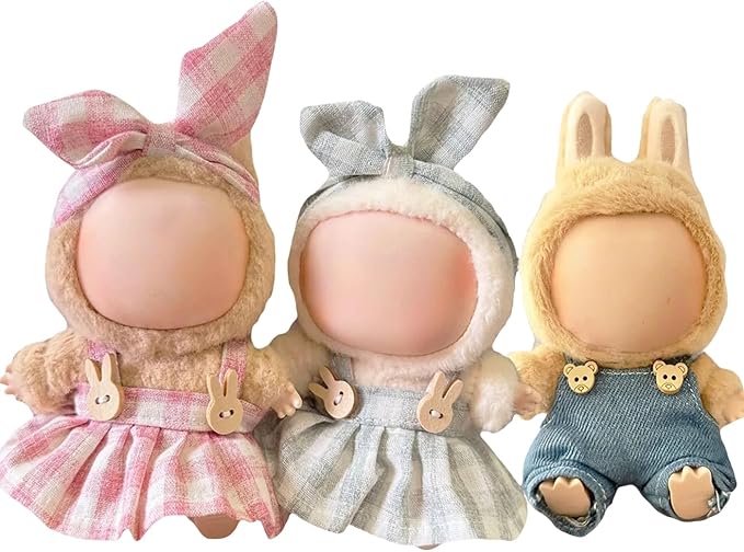 Dolls Clothes for Labubu Girl, Bow Hairband & Overalls Set for Labubu, 15cm/17cm Dolls Accessories Suit, 3 Pack Doll Outfits Stylish Clothes (NO Doll)