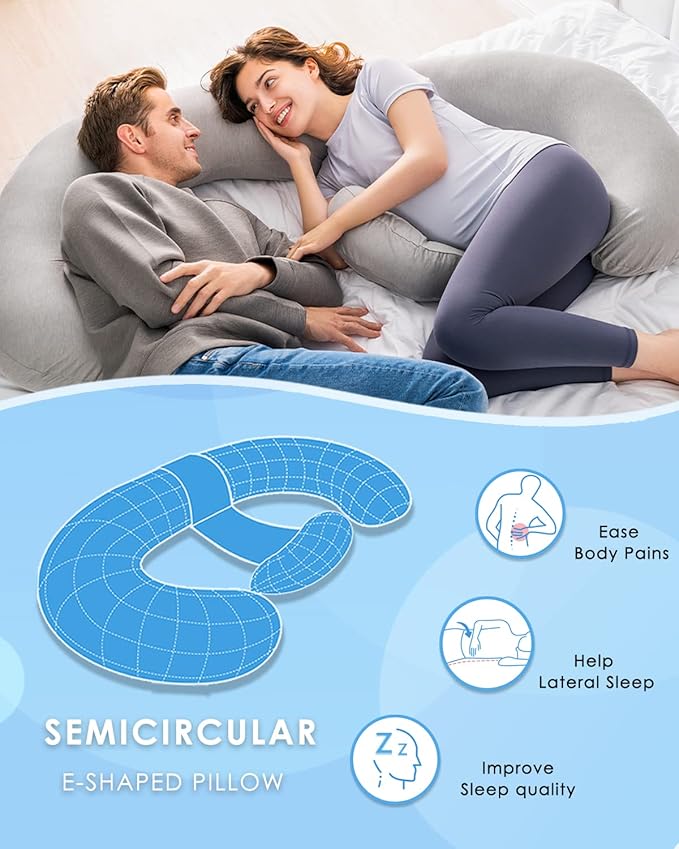 QUEEN ROSE Pregnancy Pillow, E Shaped Body Pillows for Sleeping Support, 60 Inch Maternity Pillow for Pregnant Women with Cooling Silky Cover, Grey