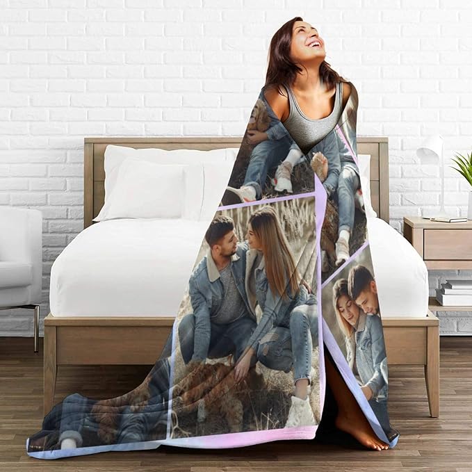 Custom Blanket with Picture Text, Personalized 4 Photo Blanket, HD Printing Customized Flannel Throw Blanket Gifts for Mom Dad Couple Girlfriend Boyfriend Wife Husband Christmas