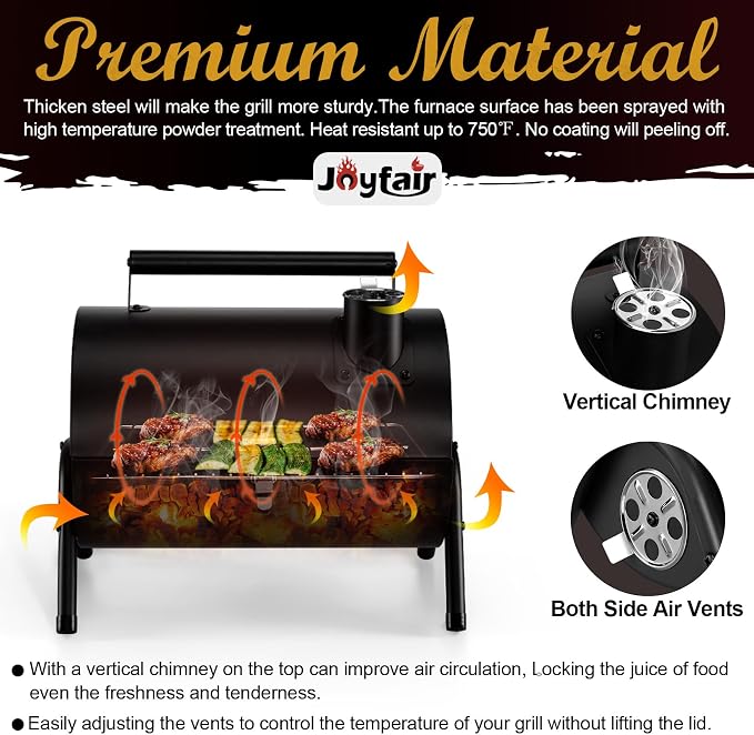 Joyfair Portable Charcoal Grill, Small Outdoor Camping Tabletop BBQ Grills | 2 IN 1 Double-Sided Barbecue Grill with Food Tray & Rack for Home Patio BBQ Grilling, Heavy Duty & Multi-use, (230Sq.in)