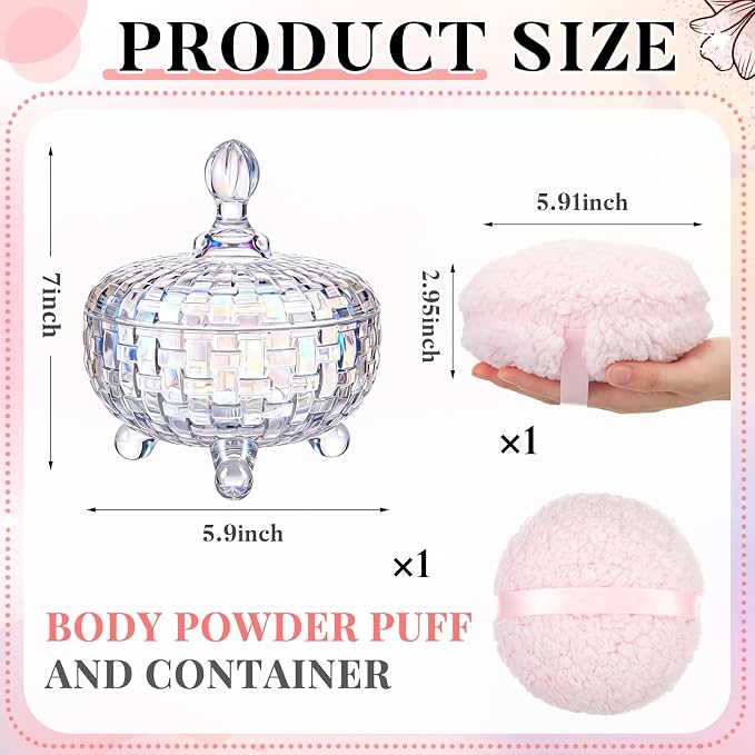 Tioncy 2 Pcs Extra Large Dusting Powder Puff and Container for Women-6'' Glass Crystal Dusting Powder Container with Body Soft Washable Reusable Velour Face(Glitter,Weave Design)