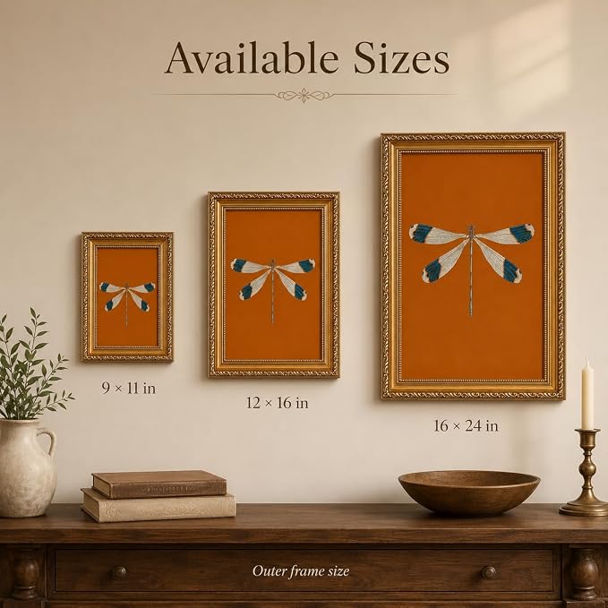 Gold Framed Dragonfly Wall Art,Antique Insect Picture Wall Decor11x9in | Burnt Orange Background Canvas Print Cottagecore For Bedroom, Study,Hallway,Entryway