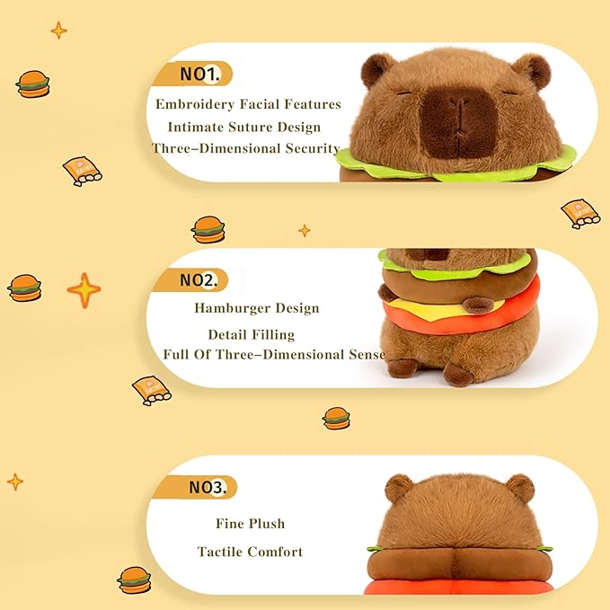 Cute Capybar Stuffed Animals with Wearable Toast headsetwear Capybar, Gifts for Kids (8 in Hamburger Capybar)