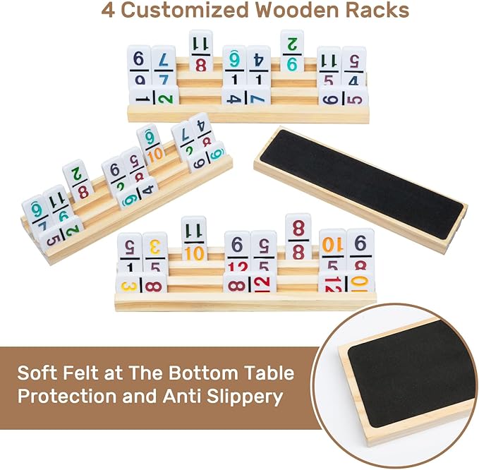 Mexican Train Dominoes Set with Numbers and 4 Wooden Trays/Racks, Double 12 Dominos Travel Set with 4 Tiles Holders, 91 Tiles Double 12 Colored Dominoes Game Set with Portable Case for Families Kids