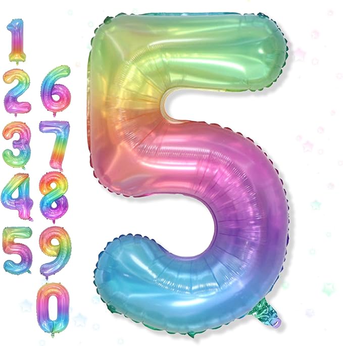 Big Number 5 Balloons, Rainbow Foil 5 Balloon Numbers 40 Inch, Giant 5th Birthday Party Decor, Mylar Helium Self Inflating Colorful Multicolor Jelly Balloon for Kids Birthday Anniversary Decorations