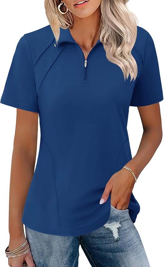 LOMON Womens Golf Polo Shirt Summer Short Sleeve Quarter Zip Outfit | Side-Pockets,Princess Seams,Cotton,Wrinkle Free,Moisture Wicking,Quick-Dry,Lightweight,Collared,for Tennis Workout