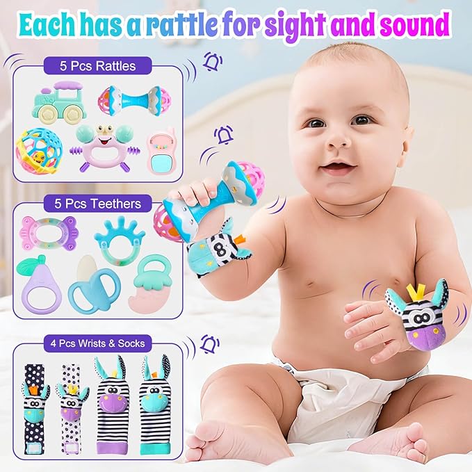 Baby Toys 0-6 Months - Baby Rattles Teething Toys 3-6 Month Infant Toys 6-12 Months Teether Toy 3 4 5 6 Month Old Newborn Essentials Must Haves Wrist Socks Christmas Gifts Valentines Gifts for Kids