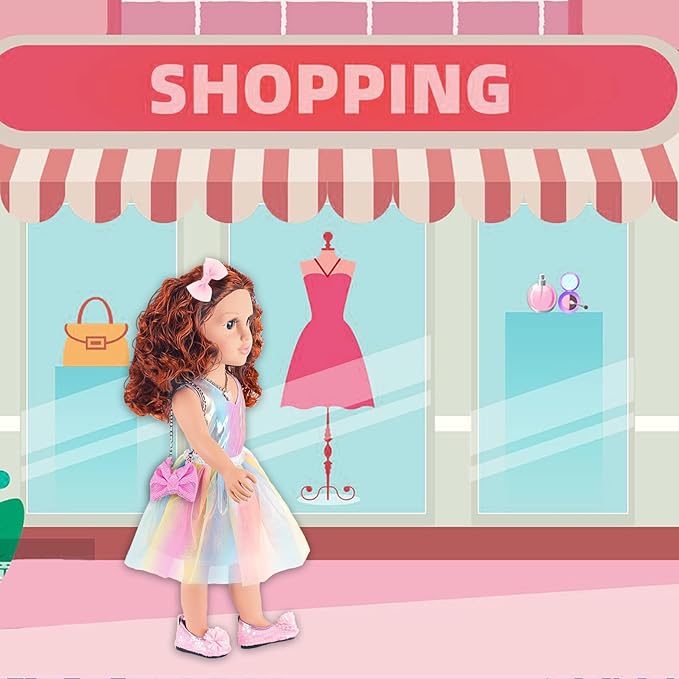ZITA ELEMENT 18 Inch American Doll with Doll Clothes and Accessories Including 18 Inch Doll Rainbow Dress Bow Bag Shoes Hairpin Necklace for Kids