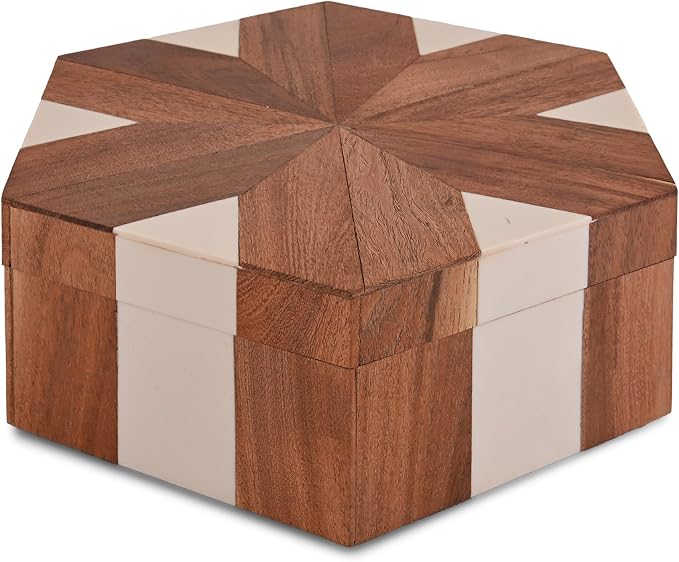Perilla Home Hexagon Wooden Box, Brown and White, Wood and Resin, 9.54x8.07x3.15 Inch, Decorative