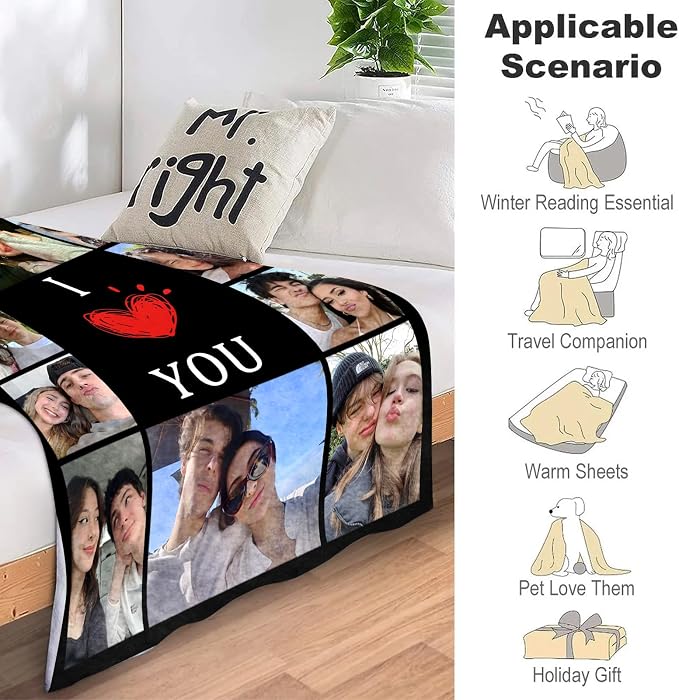 ICELIETE Custom Blanket with Picture Customized Fleece Photo Blanket for Couples Gifts Personalized Blankets and Throws Christmas Valentines Day Gifts for Boyfriend Girlfriend