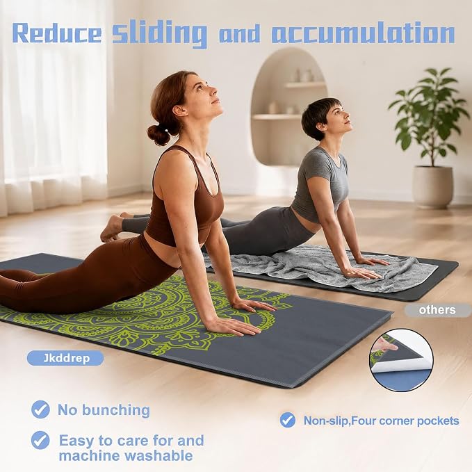 Yoga Mat Towel, Hot Yoga Non Slip with 4 Corner Pockets, 74 x 26 in | Soft Absorbent Microfiber With Four Corner Pockets, Fits Over Yoga Mats For Hot Yoga, Pilates, Gym, And Travel