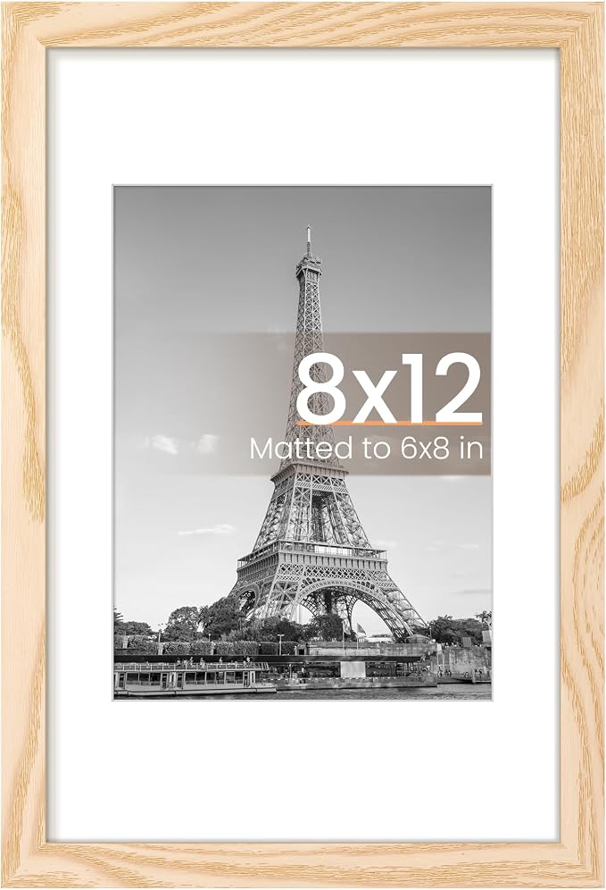 upsimples 8x12 Picture Frame, Display Pictures 6x8 with Mat or 8 x 12 Without, Wall Hanging Photo Frames, Natural Style, 1 Pack