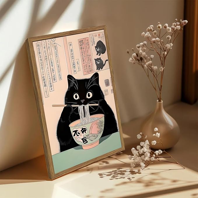 Funny Japanese kitchen Black Cat Wall Art, Whimsical Cat Eating Noodles Wall Decor Painting, Cute Animal Canvas Poster Eclectic Pet Dining Room Prints Artwork Wood Framed 12x16 inch