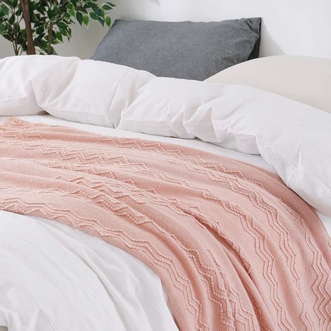 BOURINA Pink Throw Blanket 50x60 Inch Boho Knitted Soft Throw Sofa Blanket | Knitted Throw Blanket 50x60 Inches, Soft Lightweight Boho Weave Throw Decorative Couch Blanket for Living Room Bedroom Chair