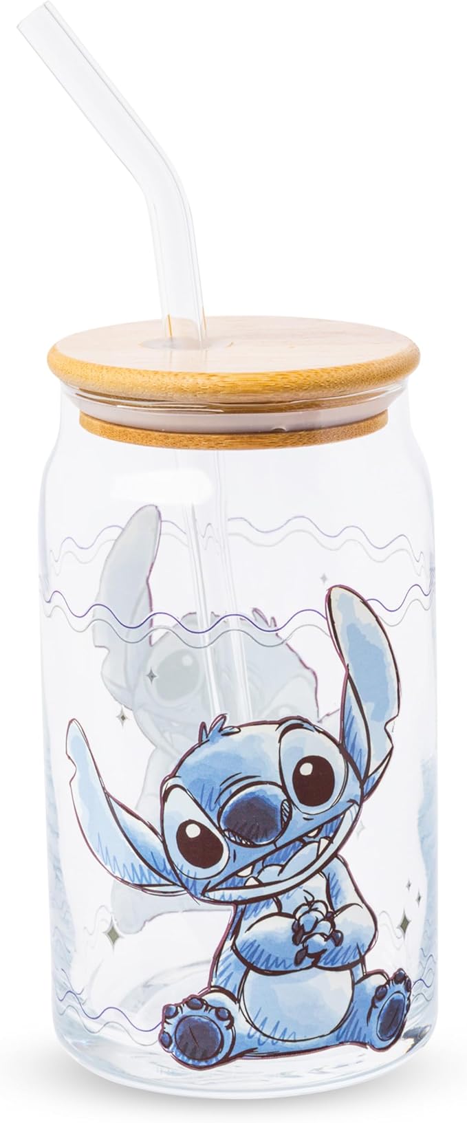 Silver Buffalo Disney Lilo and Stitch Sitting Glass Jar Tumbler with Bamboo Lid and Glass Straw, 16 Ounces (Pack of 12)