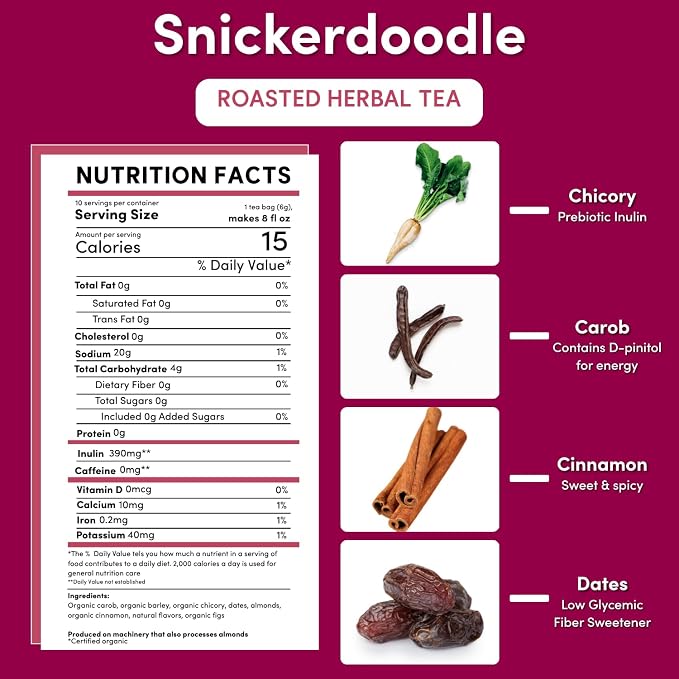 Teeccino Snickerdoodle Herbal Tea - Dessert Beverage That’s Prebiotic, Caffeine-Free & Acid Free, 10 Tea Bags