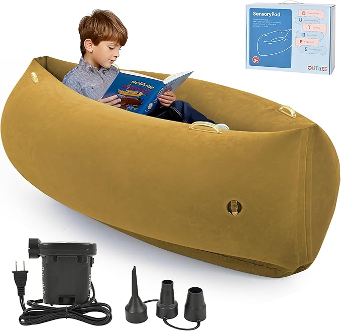 OUTREE Sensory Chair for Kids,60" Includes Electric Air Pump,Inflatable Sensory pod for Children, Sensory Toys for Kids with Autism,Sensory Peapod,Brown