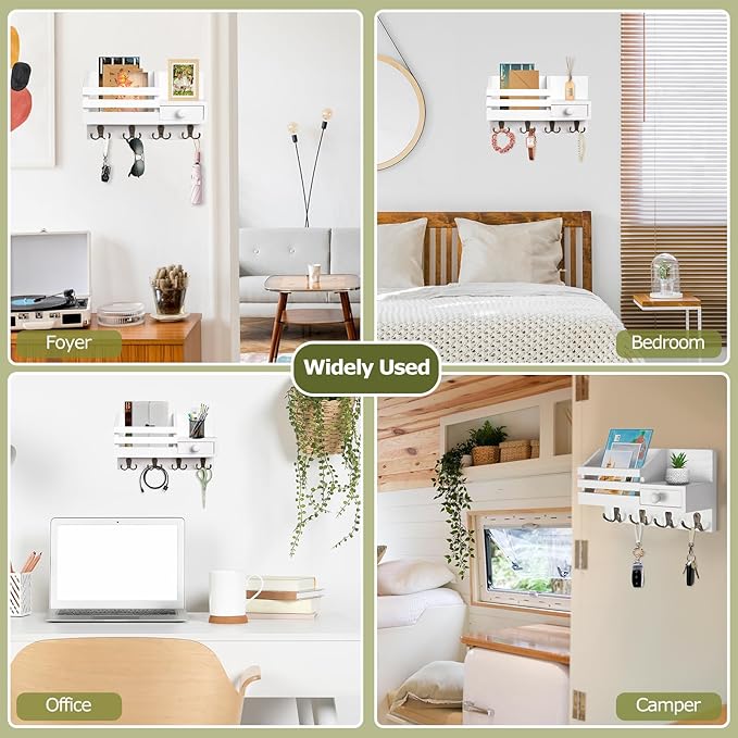 Key Holder Wall Mount, Wooden Key and Mail Organizer, White | 2 Mount Options, Includes 8 Hooks, Fence Mail Slot, Small Drawer and Shelf, for Entryway, Hallway, Doorway, Living Room, RV