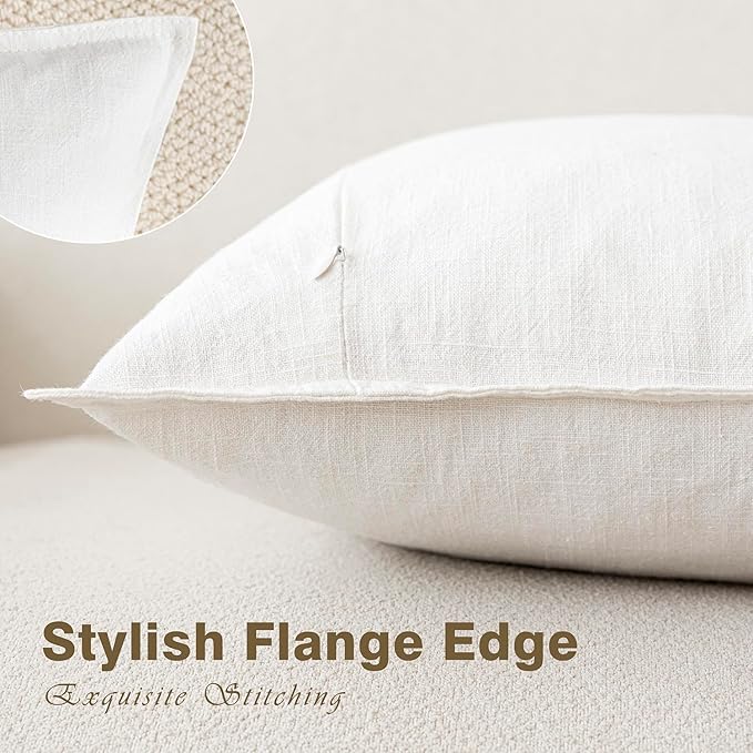 Foindtower Pack of 2, Decorative Linen Solid Throw Pillow Covers Soft Accent Cushion Case Boho Farmhouse Neutral Pillowcase for Chair Couch Sofa Bedroom Living Room Home Decor 16 x 16 Inch Cream White