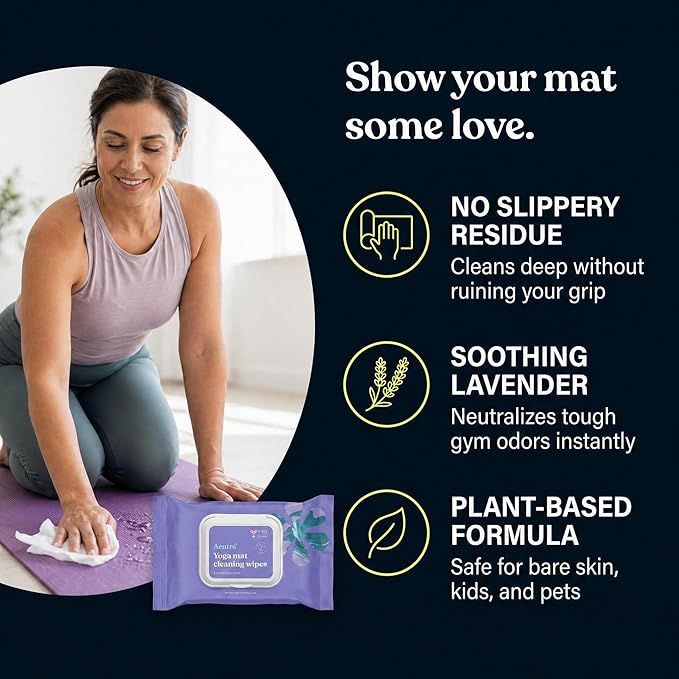 ASUTRA Yoga Mat Cleaning Wipes (Lovely Lavender), 3 Pouches (30 Wipes Each) - No Slippery Residue, Deep-Cleansing for Fitness Gear & Gym Equipment