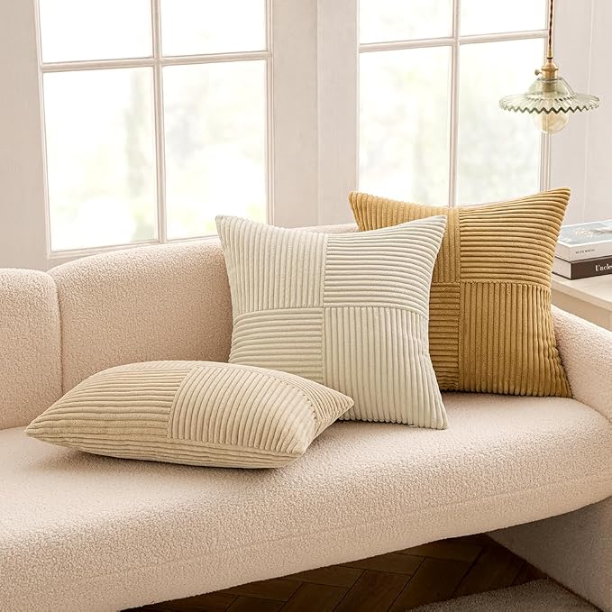 MIULEE Cream Yellow Decorative Throw Pillow Covers for Couch 18x18 Inch | 2 Pack, Boho Farmhouse Pillow Covers, Soft Cross Corduroy Patchwork Textured Cushion Cases For Bed Sofa