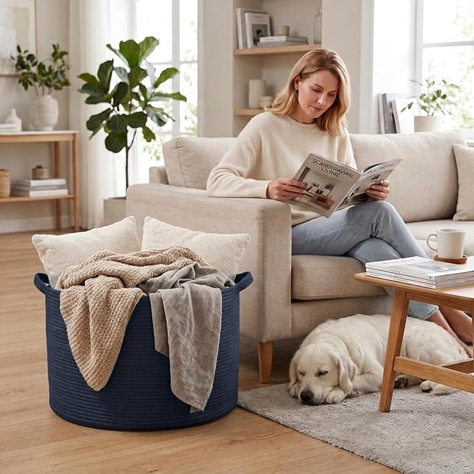 90L Extra Large Blanket Basket,Woven Rope Laundry Basket-Dark Blue | Collapsible, reinforced handles, nursery storage bin organizes clothes, toys and pillows for living room, bedroom bathroom