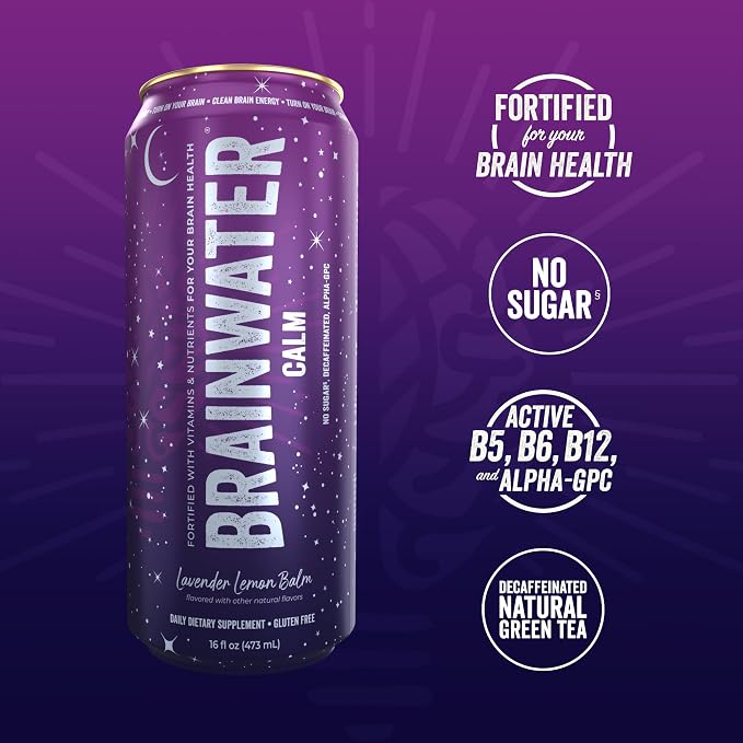 BrainJuice BrainWater Calm, Water for Clean Energy, Focus & Relaxation Support, Gluten Free, Zero Sugar Drinks with Ashwagandha, Alpha GPC, Vitamin C & B, Organic Green Tea, 8 Pack (Lavender Lemon)
