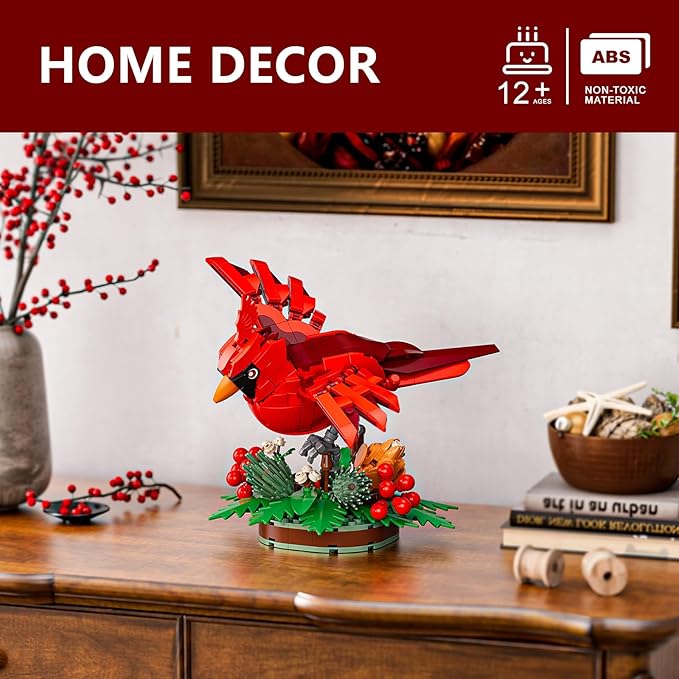 Northern Cardinal Building Block Set, Male Northern Cardinal Fly in Winterberry Plant Bush, Red Bird Figurine, Ideal for Home and Office Décor, Christmas Toy Gift for Kids, Adults