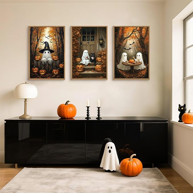 FWIEXA Halloween Cute Ghost Pumpkins Canvas Wall Art Set of 3, Black Cat Framed Painting Artwork, Vintage Witchy Hat Bats Prints, Fall Maple Leaf Decor 16x24In for Party, Gift, Living Room, Bedroom