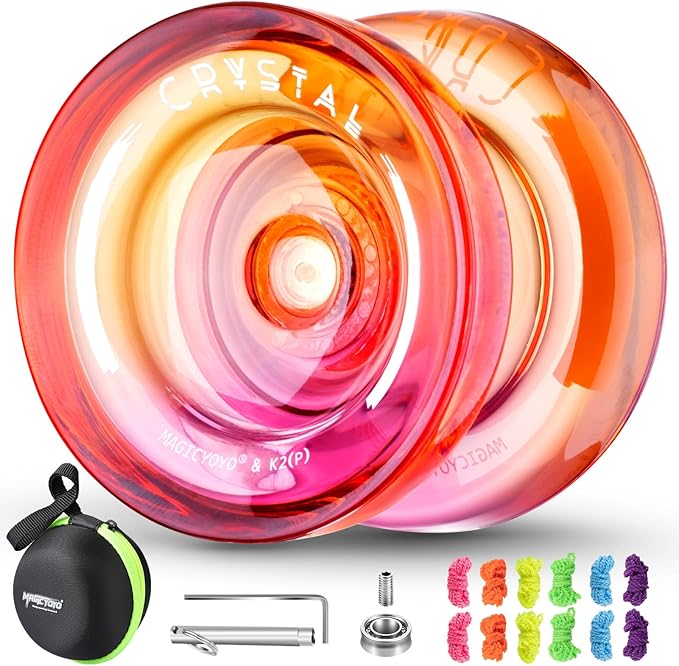 MAGICYOYO K2 Crystal Yoyo Professional Responsive Yoyo for Beginner, Double Colors Plastic Yo-Yo, Dual Trick Yo Yo with 12 Yo-yo Strings, Case Bag + Accessory Kit (Pink + Orange Gradient)