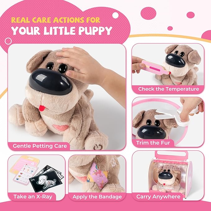Interactive Vet Play Set, Toy Veterinarian Kit for Kids,Pretend Pet Doctor Set with Electronic Dog and Dress Up Costume Playset for Toddler Girls 3-5 Gifts
