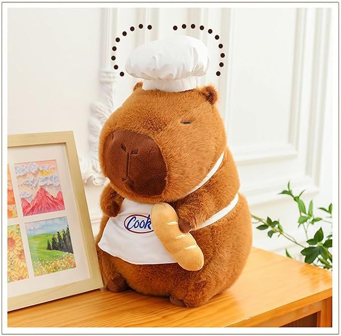 Capybara Plush with Cooking Chef Hat Bread 13.7 inch Cute Capibara Stuffed Animal Ultra Soft Plushies Toys Kawaii Gifts for Kids Brown