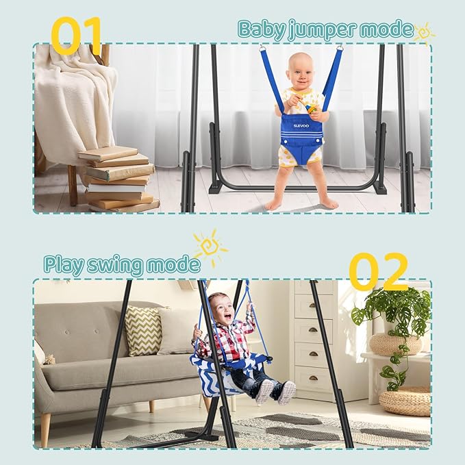Slevoo 2 in 1 Baby Jumper Swing, Portable Toddler Swing with Foldable Stand, Indoor Outdoor Baby Jumpers and Bouncers, 6 Months to 6 Years, Blue