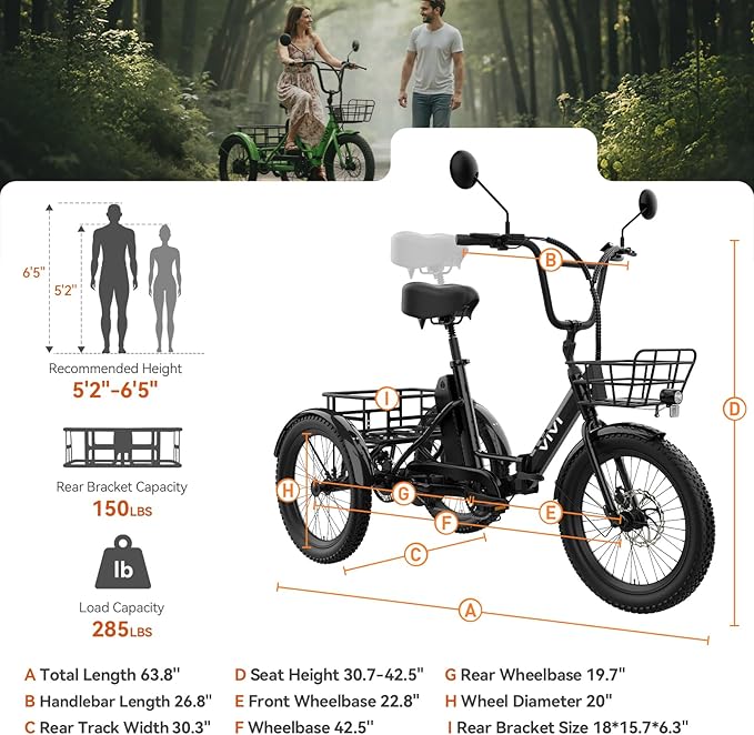 Vivi T01 20" x2.6 Fat Tire Electric Tricycle for Adults, 750W Peak 20'' Folding 3 Wheels Electric Bike, 95% Pre-Assembled, Speed Differential, 15.5MPH Eletric Trike with Bracket