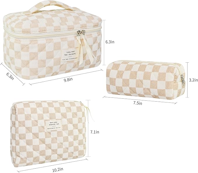 GISMTR 3Pcs Makeup Bag Cotton Quilted Travel Cosmetic Bag Cute Floral Makeup Pouch Large Toiletry Bag for Women Girls