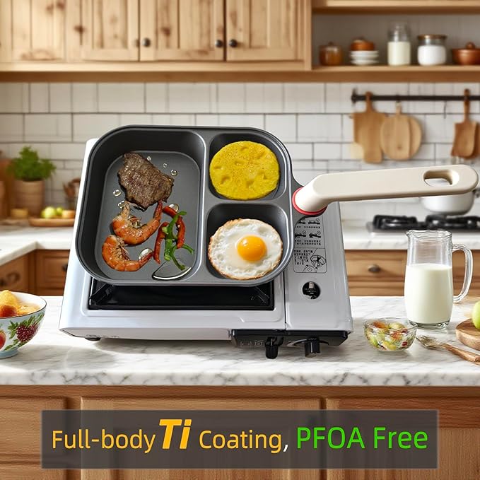 9.25" Titanium Nonstick Divided Egg Pan, 3-In-1 Breakfast Skillet with 2 Round & 1 Square Compartments, Induction & Gas Compatible, PFOA/PTFE Free, Cook Eggs, Pancakes & Bacon Simultaneously