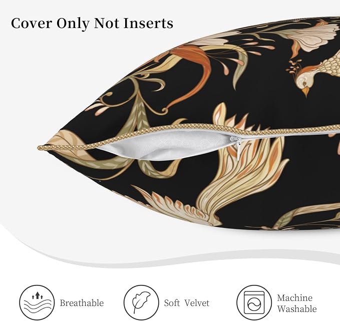 Flowers Birds Velvet Pillow Covers 18x18 Inch Vintage Floral Black Throw Pillows for Couch Farmhouse Cushion Covers Pillowcase Retro Rustic Pillow Cases for Sofa Bed Living Room Outdoor