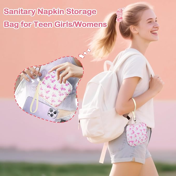 Likesing Tampon Holder for Purse, Quilted Period Bag Sanitary Napkin Storage Bag for Girls Womens, Portable Feminine Emergency Pad Period Pouch(Butterfly Pink)