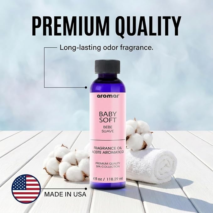 Aromar Premium Fragrance Oil, Long-Lasting, Refreshing Uplifting Aroma for Aromatherapy, Relaxation & Household Uses, Baby Soft Powder 4 oz.